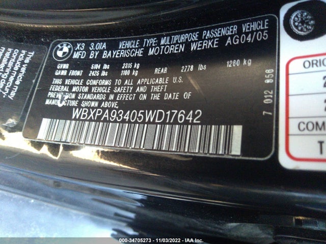 2005 BMW X3 3.0I VIN: WBXPA93405WD17642