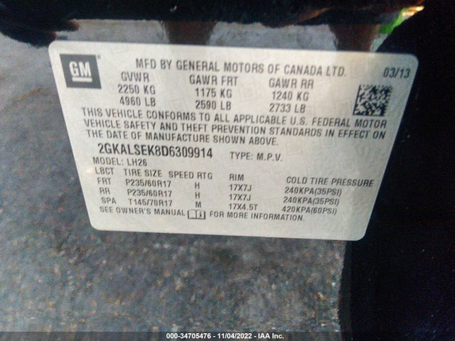 2013 GMC TERRAIN SLE VIN: 2GKALSEK8D6309914