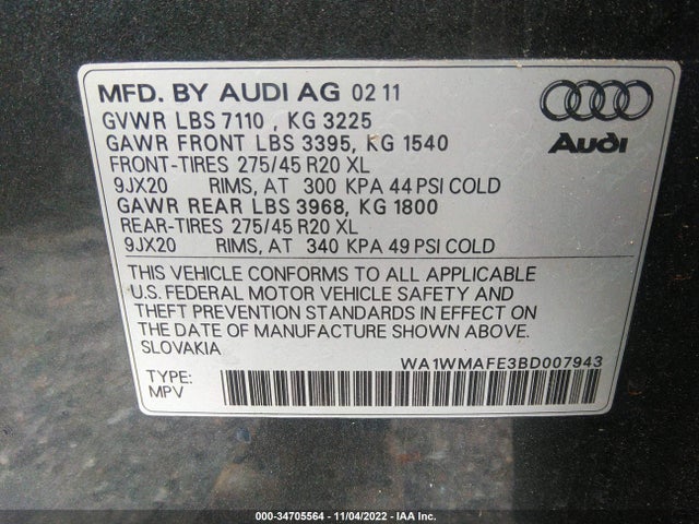 2011 AUDI Q7 3.0L TDI PRESTIGE VIN: WA1WMAFE3BD007943