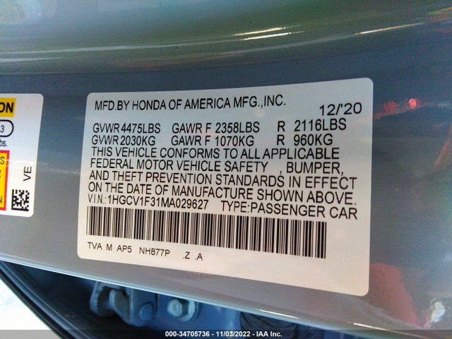 2021 HONDA ACCORD SEDAN SPORT VIN: 1HGCV1F31MA029627
