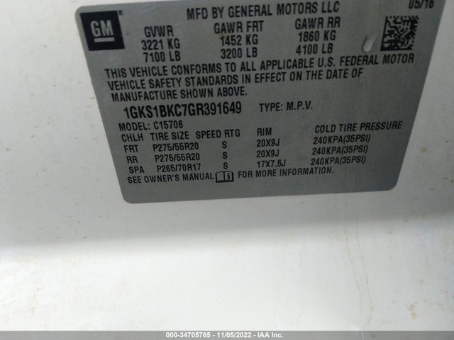 2016 GMC Yukon, VIN: 1GKS1BKC7GR391649