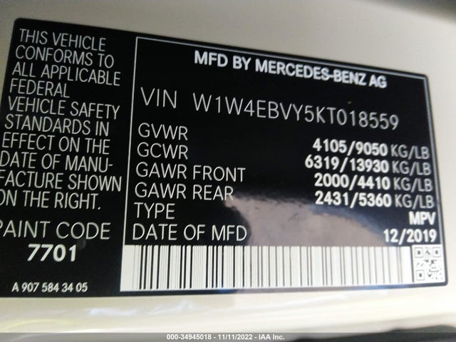 2019 Mercedes-Benz Sprinter, VIN: W1W4EBVY5KT018559