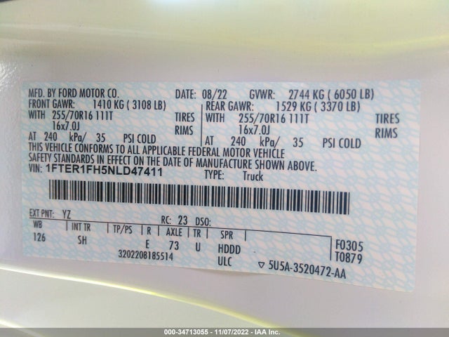 2022 Ford Ranger, VIN: 1FTER1FH5NLD47411