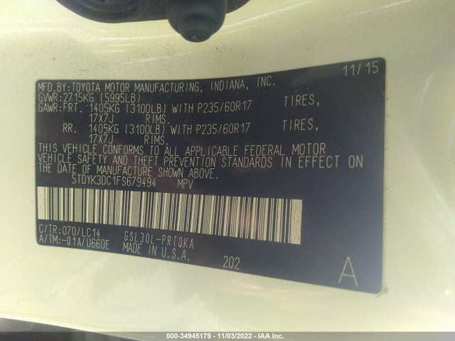 2015 TOYOTA SIENNA XLE/XLE AAS/LTD VIN: 5TDYK3DC1FS679494