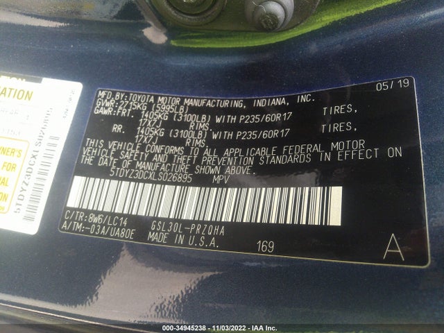 2020 TOYOTA SIENNA XLE AUTO ACCESS VIN: 5TDYZ3DCXLS026895