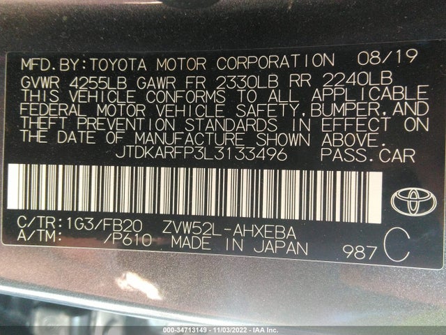 2020 Toyota Prius, VIN: JTDKARFP3L3133496