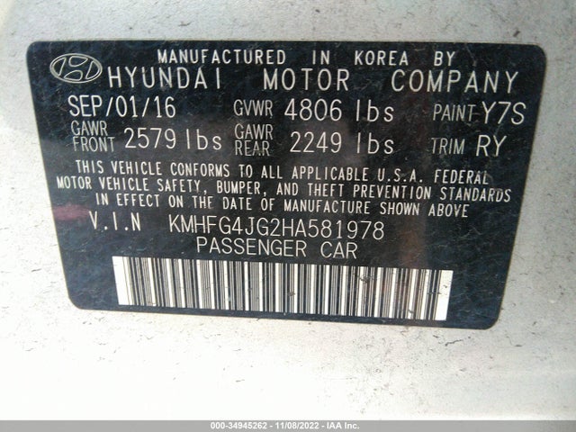 2017 Hyundai Azera, VIN: KMHFG4JG2HA581978