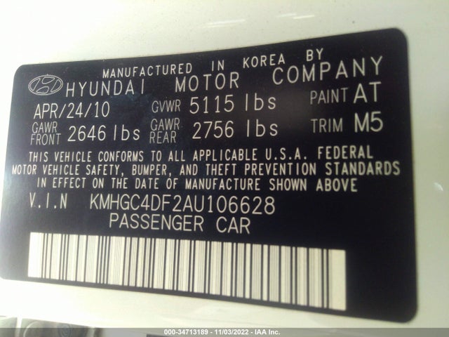 2010 HYUNDAI GENESIS VIN: KMHGC4DF2AU106628