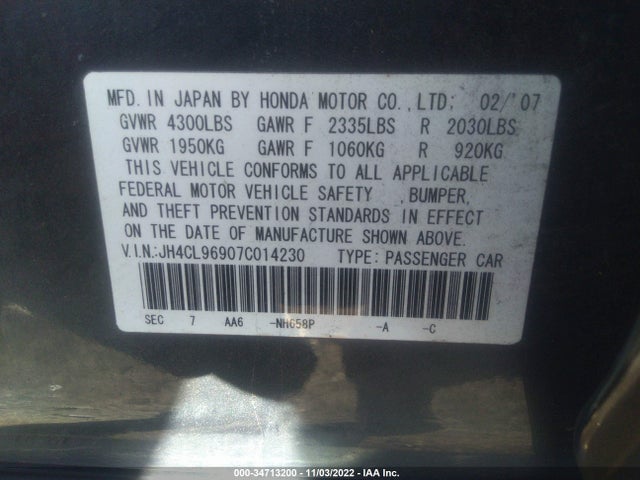 2007 ACURA TSX NAVI VIN: JH4CL96907C014230