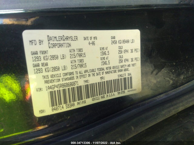 2006 CHRYSLER TOWN & COUNTRY SWB VIN: 1A4GP45R86B686871