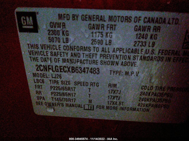 2011 CHEVROLET EQUINOX LTZ VIN: 2CNFLGECXB6347483