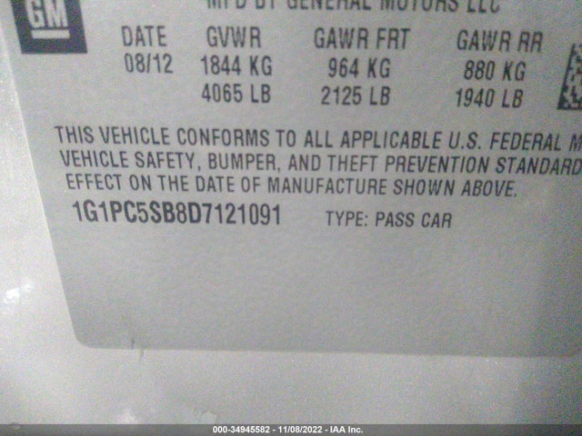 2013 CHEVROLET CRUZE 1LT VIN: 1G1PC5SB8D7121091