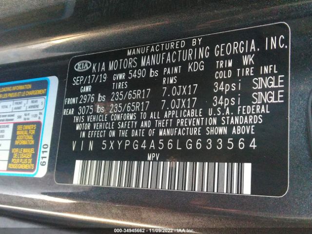 5XYPG4A56LG633564 KIA Sorento Lx V6
