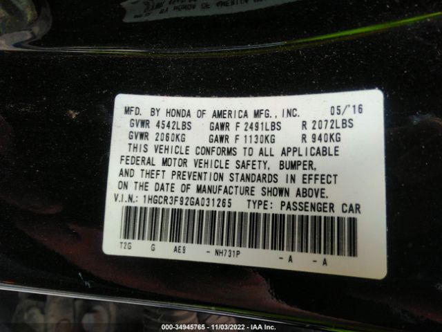 1HGCR3F92GA031265 Honda Accord Sedan Touring
