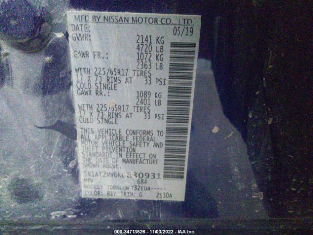 5N1AT2MV6KC830931 Nissan ROGUE SV
