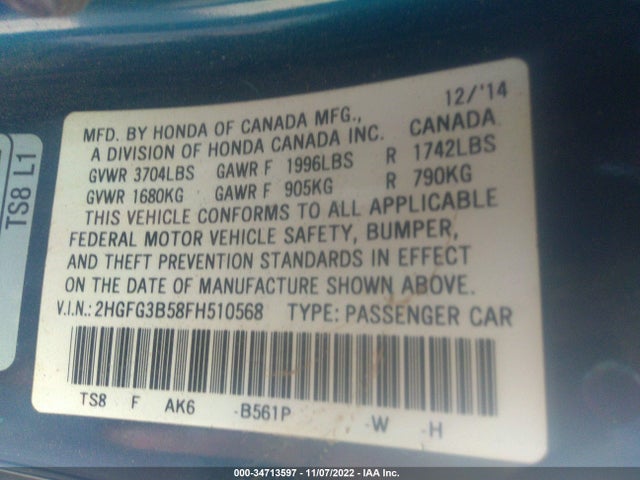 Honda Civic Coupe Lx 2015 2HGFG3B58FH510568 Image 9
