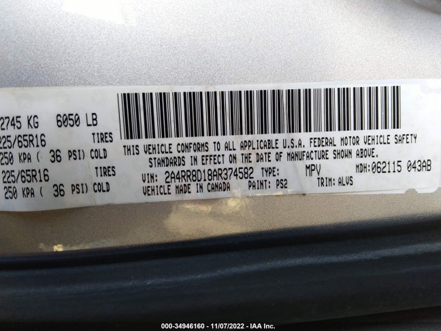 2010 CHRYSLER TOWN & COUNTRY TOURING PLUS VIN: 2A4RR8D18AR374582