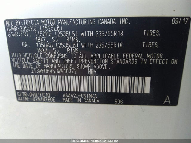 2018 TOYOTA RAV4 XLE/ADVENTURE VIN: 2T3WFREV5JW410372