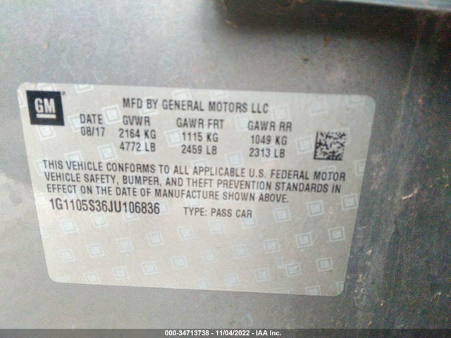 2018 Chevrolet Impala, VIN: 1G1105S36JU106836