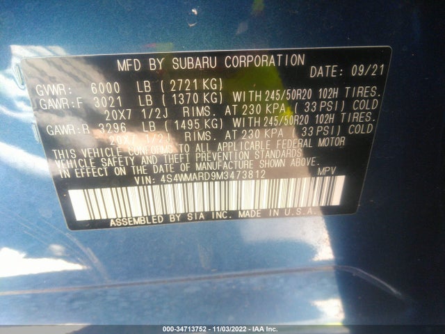 2021 Subaru Ascent, VIN: 4S4WMARD9M3473812
