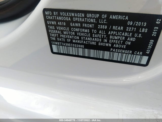 2014 VOLKSWAGEN PASSAT SE W/SUNROOF VIN: 1VWBT7A39EC032885