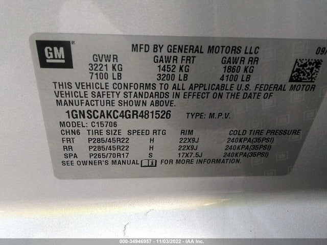 2016 Chevrolet Tahoe, VIN: 1GNSCAKC4GR481526
