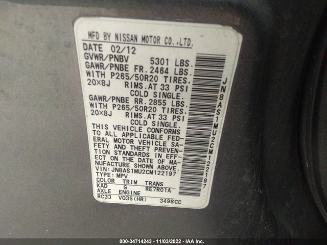 2012 INFINITI FX35 VIN: JN8AS1MU2CM122197