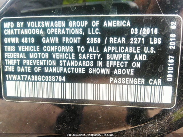 Volkswagen Passat 1.8t S 2016 1VWAT7A35GC038794 Image 11