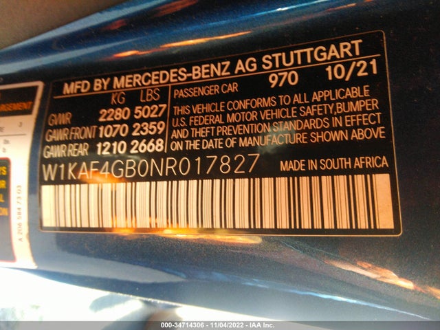 2022 Mercedes-Benz C-Class, VIN: W1KAF4GB0NR017827
