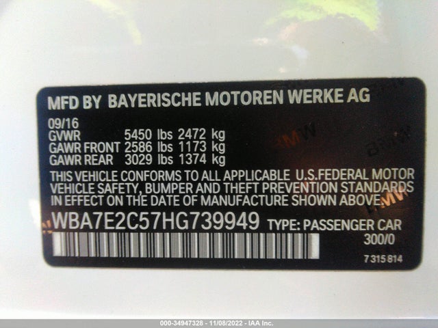 2017 BMW 7 Series, VIN: WBA7E2C57HG739949