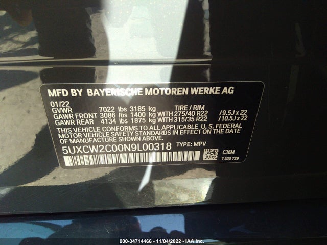 2022 BMW X7, VIN: 5UXCW2C00N9L00318