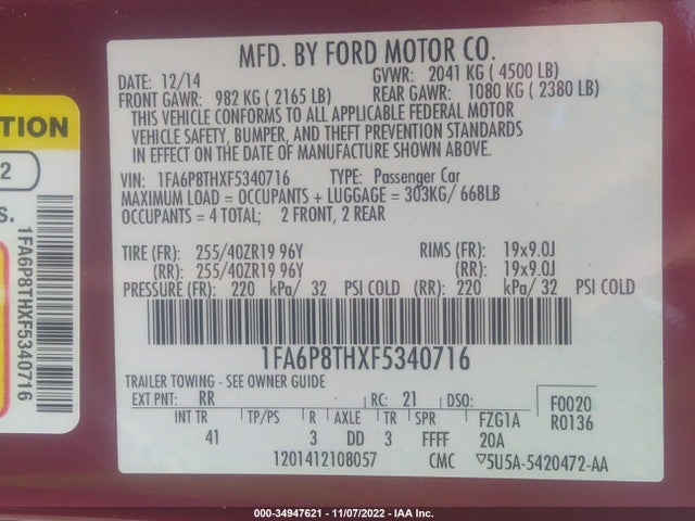 2015 Ford Mustang, VIN: 1FA6P8THXF5340716