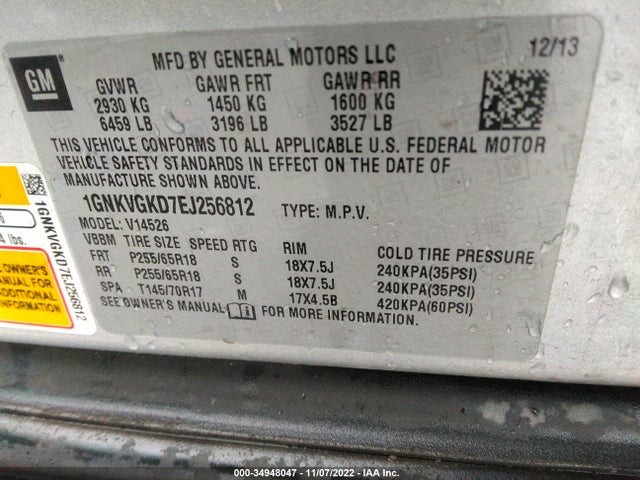 Chevrolet Traverse Lt 2014 1GNKVGKD7EJ256812 Image 9