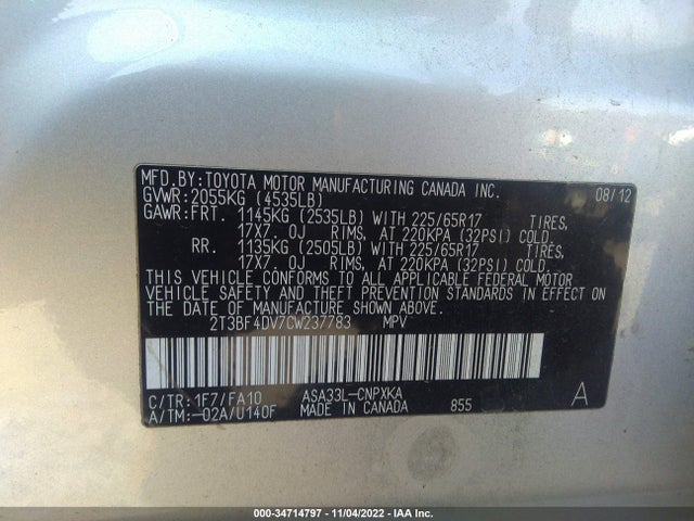 2012 TOYOTA RAV4 VIN: 2T3BF4DV7CW237783