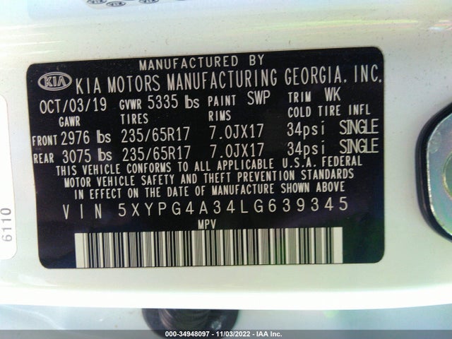 2020 Kia Sorento, VIN: 5XYPG4A34LG639345
