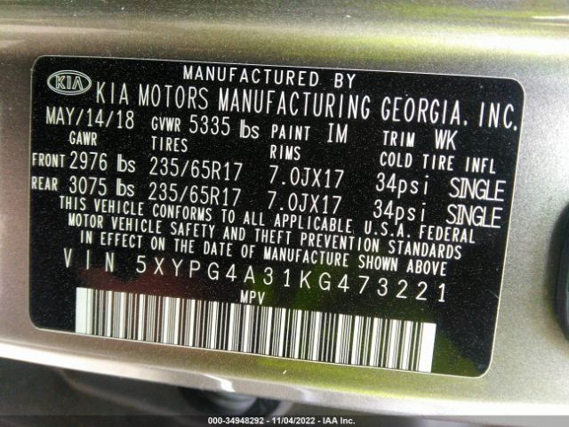 5XYPG4A31KG473221 KIA SORENTO L