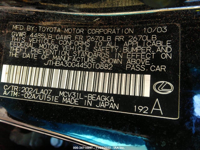 Lexus ES 330 2004 JTHBA30G445010882 Image 10