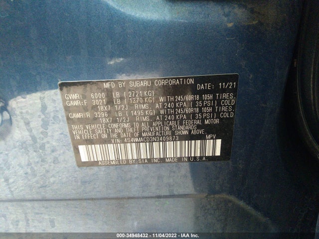2022 Subaru Ascent, VIN: 4S4WMACD3N3409873