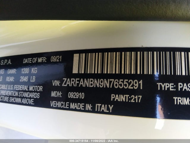 2022 Alfa Romeo Giulia, VIN: ZARFANBN9N7655291