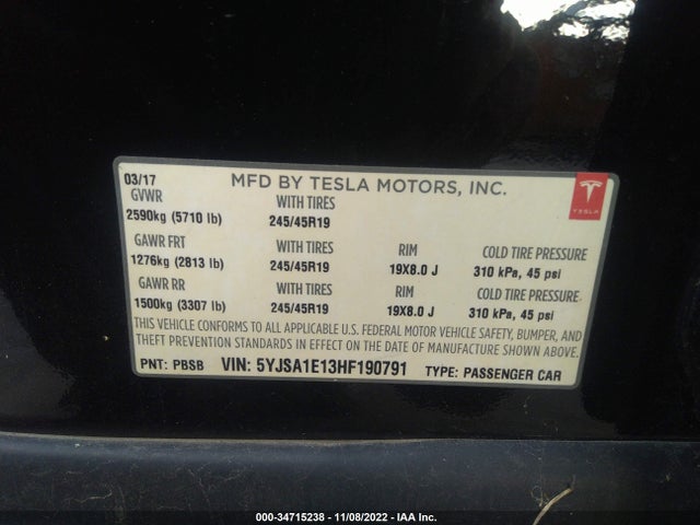 2017 Tesla Model S, VIN: 5YJSA1E13HF190791