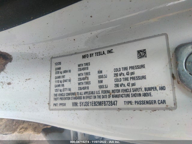 Tesla MODEL 3 2021 5YJ3E1EB2MF872847 Image 9