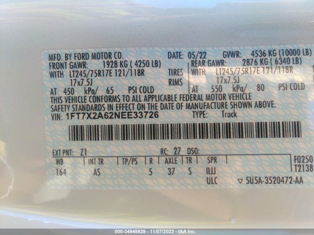 2022 Ford F-250, VIN: 1FT7X2A62NEE33726