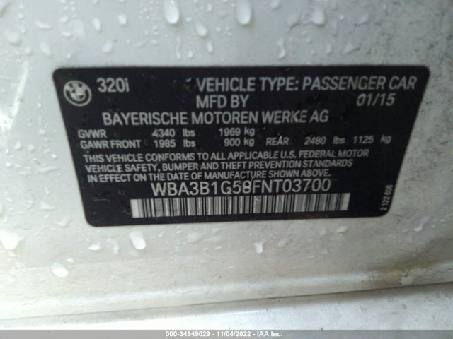 2015 BMW 3 SERIES 320I VIN: WBA3B1G58FNT03700