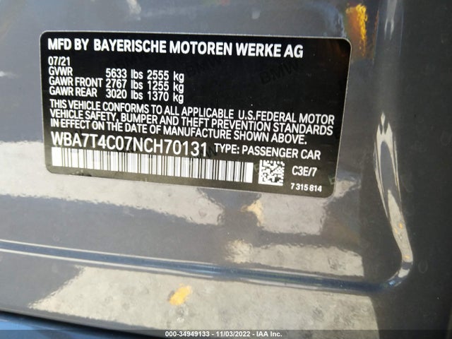 2022 BMW 7 Series, VIN: WBA7T4C07NCH70131
