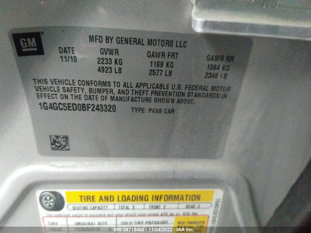 2011 BUICK LACROSSE CXL VIN: 1G4GC5ED0BF243320