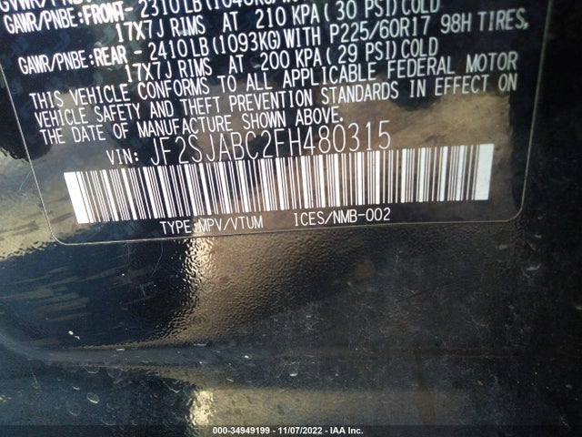 2015 SUBARU FORESTER 2.5I VIN: JF2SJABC2FH480315