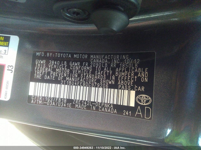 2013 TOYOTA COROLLA L/LE/S VIN: 2T1BU4EE8DC979206
