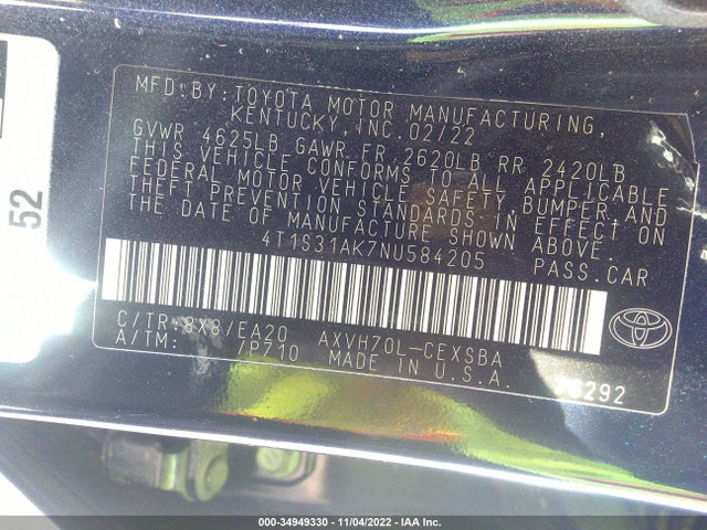2022 Toyota Camry, VIN: 4T1S31AK7NU584205