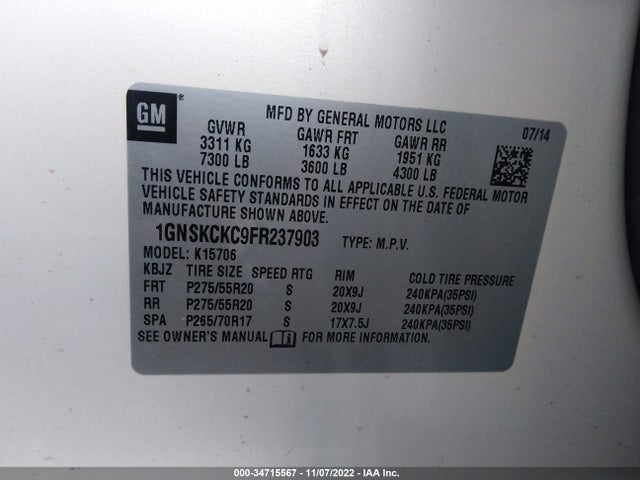2015 Chevrolet Tahoe, VIN: 1GNSKCKC9FR237903
