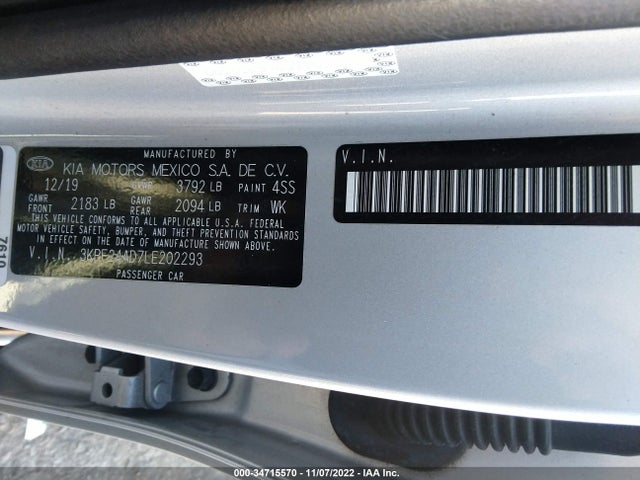2020 KIA FORTE LXS VIN: 3KPF24AD7LE202293
